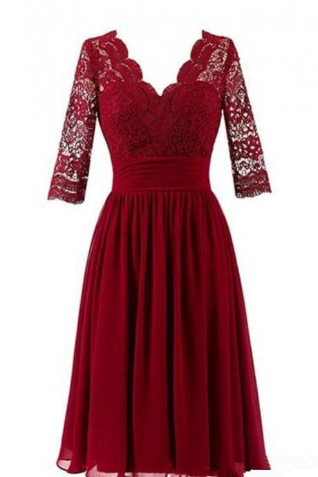 Half Sleeve V Neck Dark Red Lace Bridesmaid Dresses Plus Size A Line Knee Length Chiffon New Wedding Party Dress Custom Made