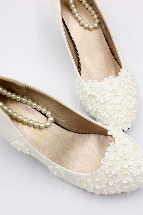 Oversize Beige Flowers Wedding Shoes for Bride with Pearl High Heels pumps shoes