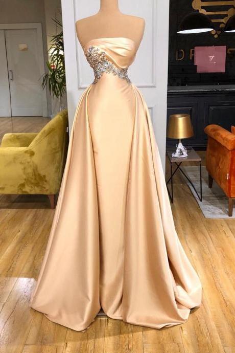 Sexy Champagne Strapless Prom Dress Long Satin Formal Backless Vintage Women Beaded Party Dresses Plus Size