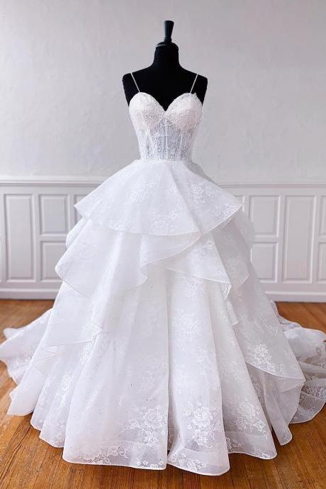 Ruffles Lace Beige Wedding Dresses 2021 New Sexy Spaghetti Strap Princess women Bridal Gowns Plus Size 