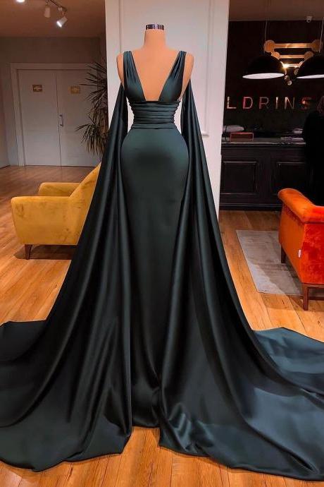 Deep V Neck Long Dark Green Satin Formal Party Dress 2021 Sexy Women Pageant Prom Dresses Tiered Sash