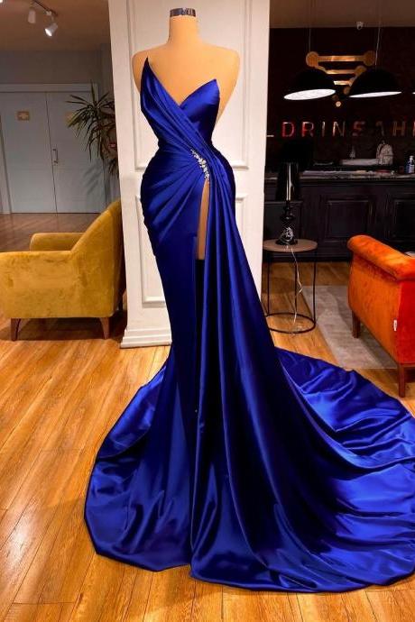 Split Side Long Royal Blue Prom Dresses 2021 Sexy Backless Strapless Pageant Women Party Dress with court train