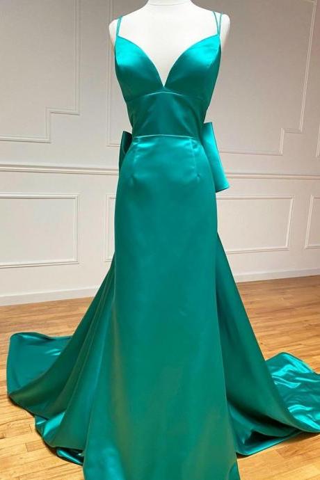 Elegant Emerald Green Prom Dresses 2021 Sexy V Neck Spaghetti Strap A Line Long Women Party Dress with Bow Knot Back Detachable Train