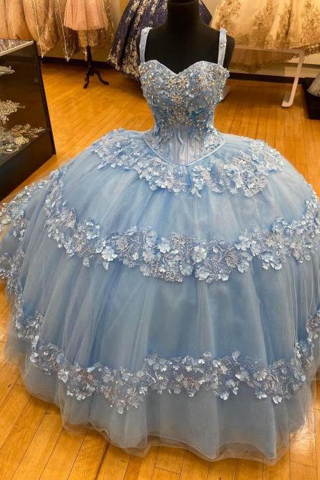 New 2021 Ball Gown Blue Flowers Quinceanera Dresses Long Corset Back Sweet 16 Year Long Party Dress Sweetheart Prom Gowns