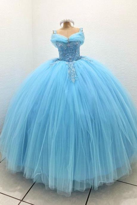 New 2021 Sky Blue Quinceanera Dresses Appliques Off the Shoulder Sweet 15 Year Appliques Ball Gown Princess Party Dress Sexy Prom Gowns