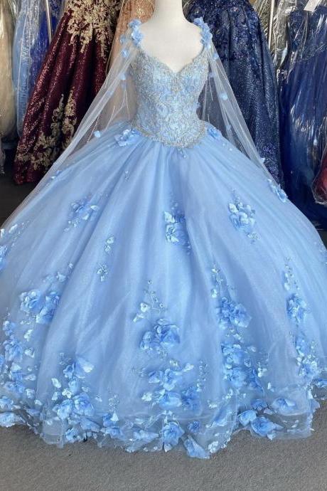 New 2021 Sexy V Neck Light Blue Quinceanera Dresses Appliques Beaded Sweet 15 Yea Ball Gown Princess Party Dress Flower Prom Gowns With Wraps