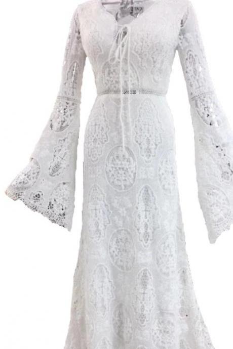 New Long White Lace Wedding Dresses Full Flare Sleeve Vintage 2021 Boho Beach Wedding Bridal Gowns Plus Size