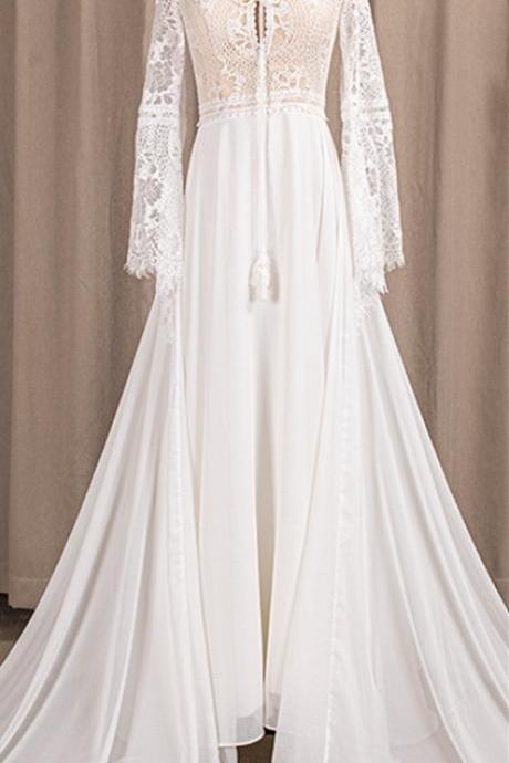 Boho Beach Wedding Dresses 2021 A Line Long Sleeve Lace Vintage Summer Country Wedding Bridal Gowns Plus Size Court Train