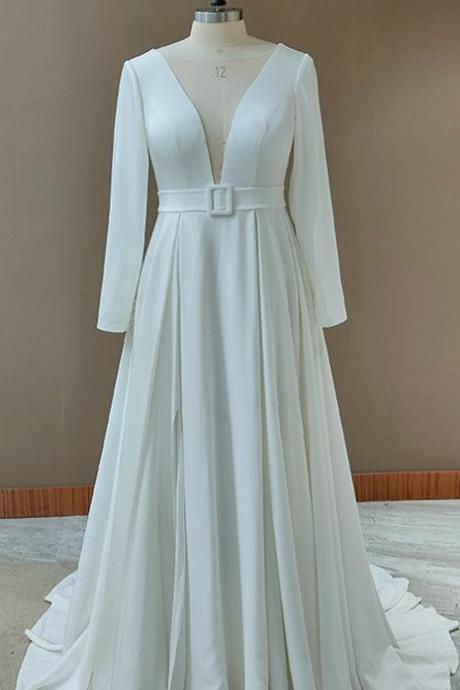 Long Sleeve Wedding Dresses 2021 A Line Sexy V Neck Long Vintage Wedding Bridal Gowns with Sash