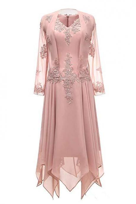 Two Pieces Pink Mother of The Bride Dress with Jacket Plus Size Custom 2021 Tea Length Chiffon