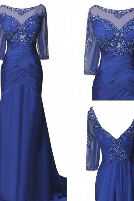 Half Sleeve Blue Beaded Mother of the bride Dress Plus Size Chiffon Long Formal Party Dresses