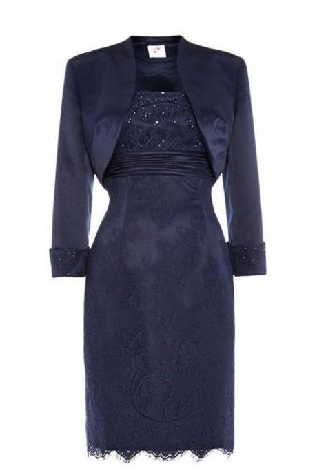 Elegant Navy Blue Lace Knee Length Mother of the bride Dress Plus Size Two Pieces Set with Jacket