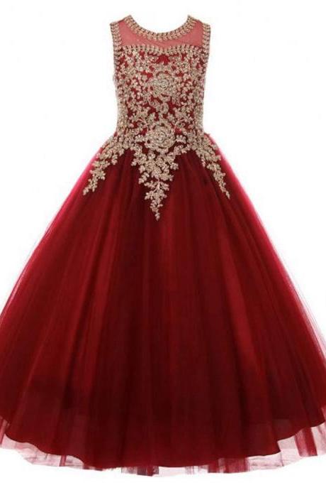 Burgundy Long Flower Girls Dresses with Golden Appliques 2021 A Line Pageant Girls Party Dress for wedding