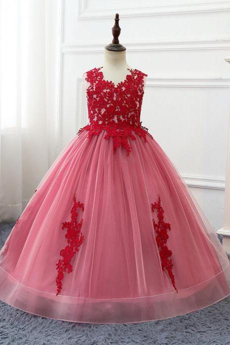 Red Lace Flower Girls Dresses for Wedding 2021 A Line Long Girls Pageant Dress for Children Kids Formal Wear