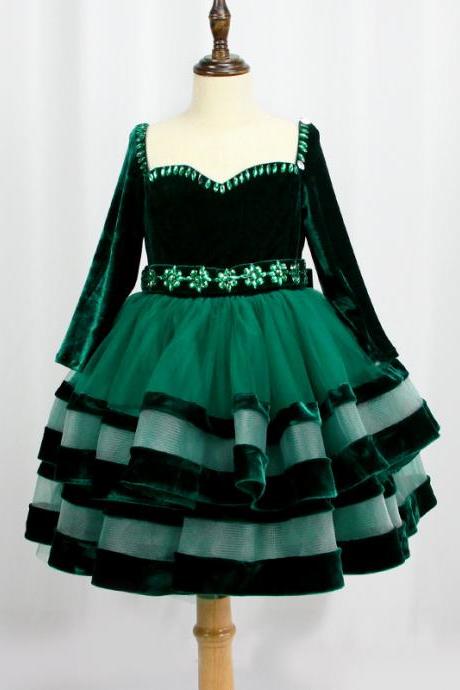 Long Sleeve Velvet Dark Green Flower Girls Dresses for Wedding Tiered Ruffles Girls Pageant Dress for Kids