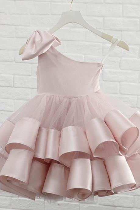 One Shoulder Pink Flower Girl Dress for Wedding 2021 Formal Kids Wear Infants Toddlers Party Dresses