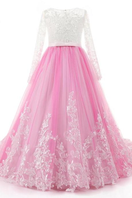 Long Sleeve Pink Lace Flower Girl Dress for Wedding 2021 Formal Kids Toddlers Party Dresses