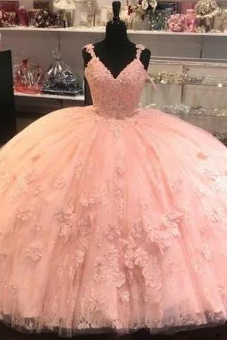 Sexy V Neck Pink Quinceanera Dresses Ball Gown 2021 Spaghetti Strap Appliques Puffy Sweet 15 Year Girls Party Dress