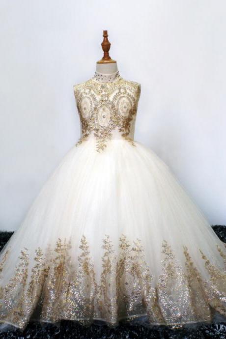 High Neck Ivory Flower Girl Dress with Champagne Appliques for Wedding 2021 A Line Long Formal Kids Wear Party for Toddlers Infants