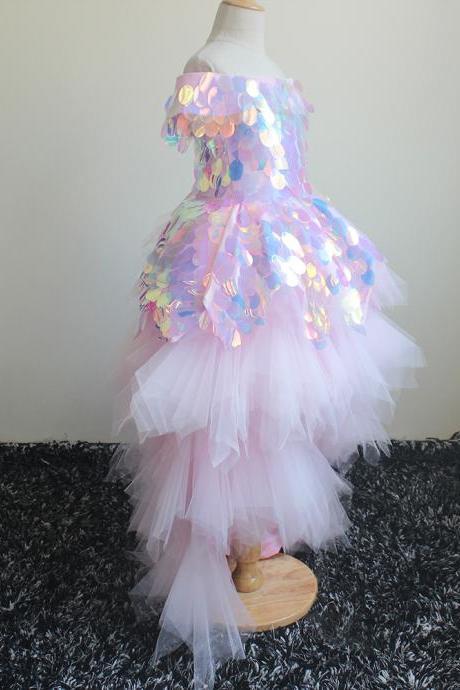 Off the shoulder Pink Flower Girl Dress High Low 2021 Shiny Sequins Tiered Ruffles Pageant Kids Girls Wear Dresses