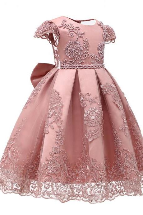 Short Pink Lace Beaded Flower Girl Dress 2021 Formal Pageant Kids Girls Wear Dresses with Short Sleeve