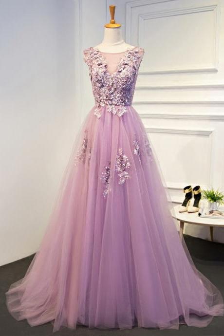 Elegant Lilac Tulle Long Women Prom Dress Sexy Sheer A Line Lace-up Back Evening Dresses Gown 2021