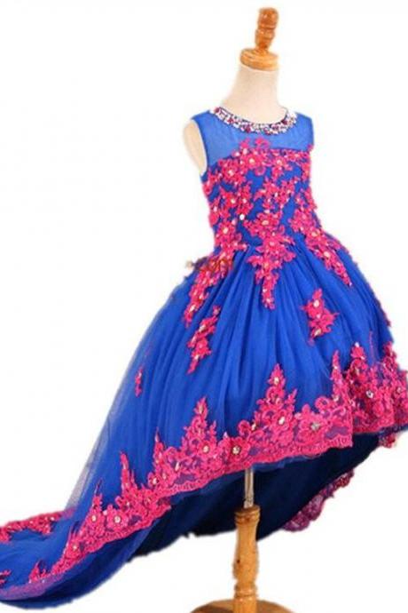 Blue Flower Girl Dress with Pink Appliques Floor Length Formal Kids Pageant Girls Party Dresses