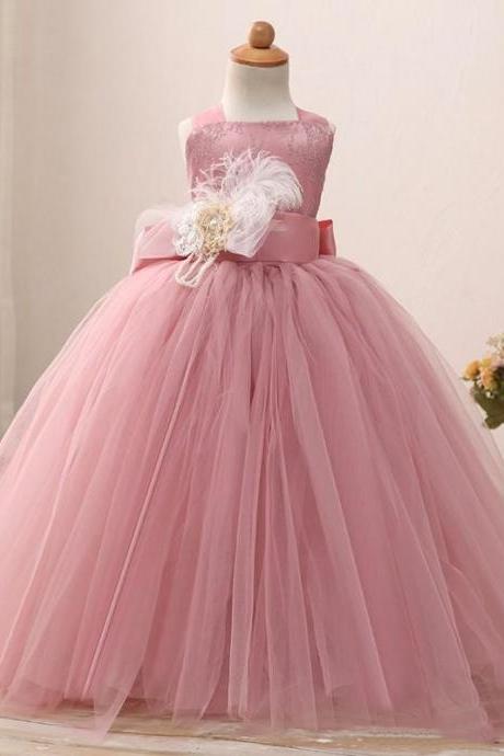 Princess Pink Flower Girl Dress with Flowers Ball Gown Tulle Formal Toddlers Wear
