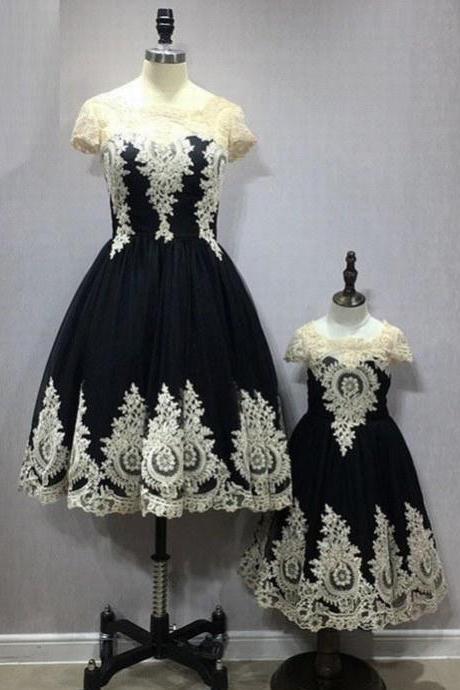 Vintage Black Flower Girl Dress with Champagne Appliques Lace A Line Pageant Girls Wear for Party