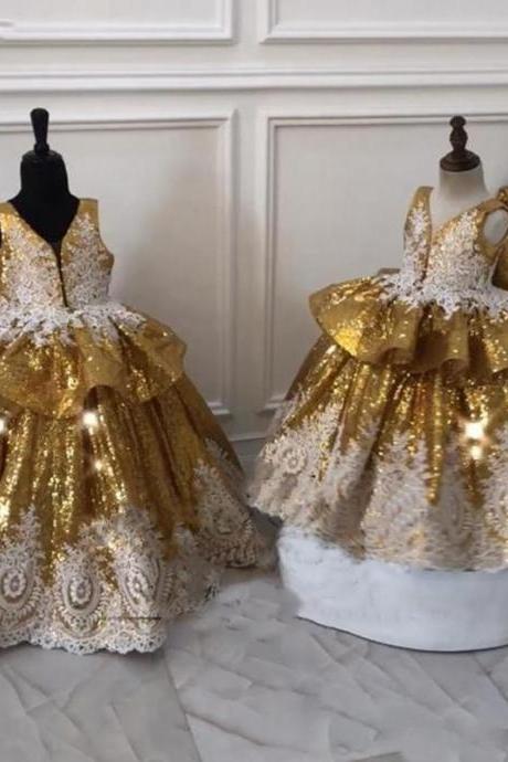 Golden Sequins Long Flower Girl Dress with Beige Appliques Sexy V Neck Ruffles Ball Gown Pageant Birthday Kids Dresses