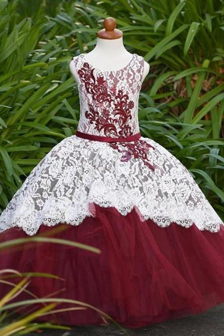 Burgundy Flower Girl Dress with White Lace O Neck Ball Gown Pageant Birthday Kids Dresses