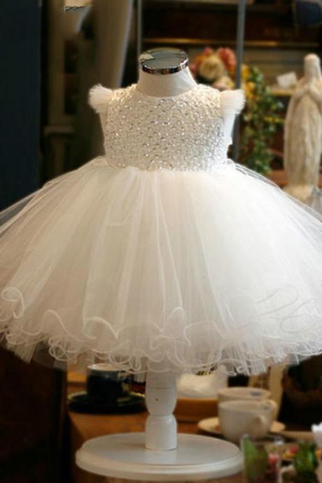 Ivory Tulle Shiny Beaded Flower Girl Dress for Toddlers Infants Wear Holy First Communion Dresses