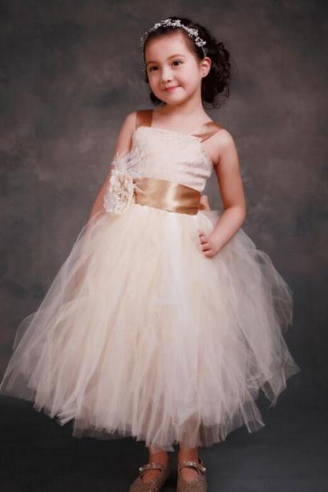 Pgeant Champagne Tulle Flower Girl Dress for Weddings Ball Gown Formal Toddlers Dresses