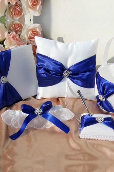 5pcs Sets-Royal Blue Satin- Wedding Flower Girl Basket and Ring Bearer Pillow Set (Ring Pillow + Flower Girl Basket + Wedding Guest Book +Pen Set + Garter Cover)