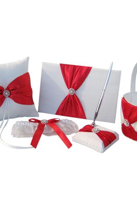 5pcs Sets-Red Satin- Wedding Flower Girl Basket and Ring Bearer Pillow Set (Ring Pillow + Flower Girl Basket + Wedding Guest Book +Pen Set + Garter Cover)