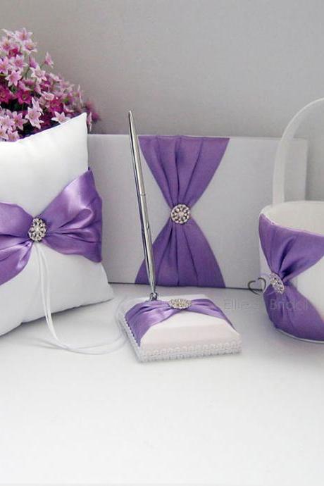 5pcs Sets-Lilac Satin- Wedding Flower Girl Basket and Ring Bearer Pillow Set (Ring Pillow + Flower Girl Basket + Wedding Guest Book +Pen Set + Garter Cover)