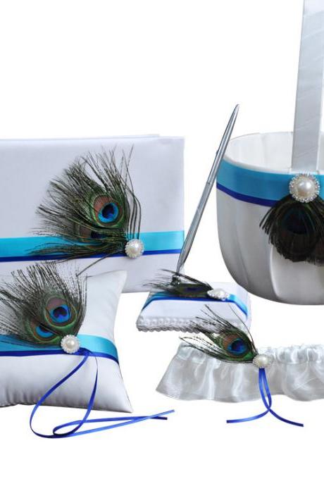 5pcs Sets-Peacock feather- Wedding Flower Girl Basket and Ring Bearer Pillow Set (Ring Pillow + Flower Girl Basket + Wedding Guest Book +Pen Set+Garter Cover )