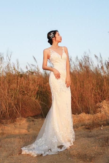 Sexy V Neck Mermaid White Lace Wedding Dress Plus Size Custom Made
