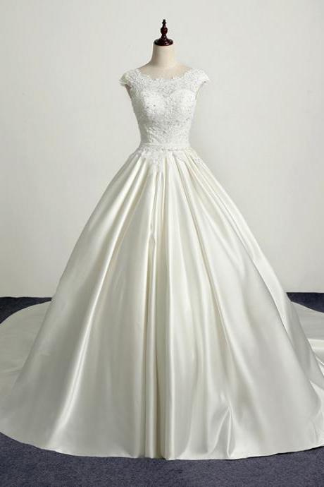 Elegant Ivory Lace Ball Gown Wedding Dresses Cap Sleeve Satin New Custom Made Bridal Gowns Dress