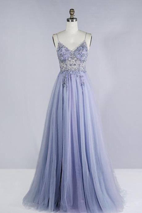 Elegant Lilac Beaded Prom Dresses Sexy Spaghetti Strap Long Tulle Vintage Prom Dress for Party Gowns 