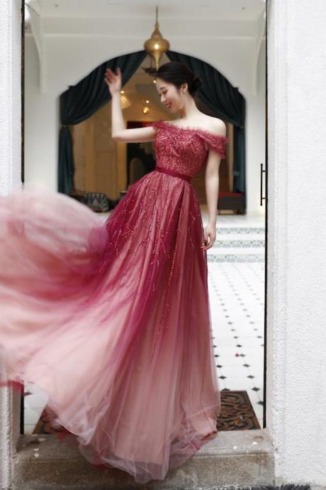 Off the Shoulder Burgundy Ombre Prom Dresses Long Vintage Prom Dress for Party Gowns 