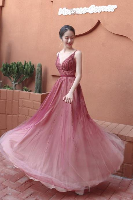 Long Burgundy Ombre Beaded Prom Dresses Long Sexy V Neck Formal Dress for Party Gowns 
