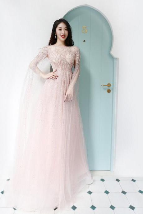 Long Sleeve Pink Beaded Prom Dresses Sexy Sheer Women Evening Formal Dress for Party Gowns 