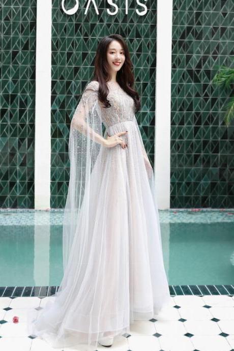 Elegant Silver Beaded Long Prom Dresses with Full Sleeve Evening Formal Dress for Party Gowns 