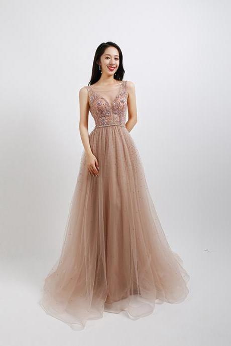 Luxury Beaded Sexy Sheer Prom Dresses Long Tulle Women Evening Formal Dress for Party Gowns 