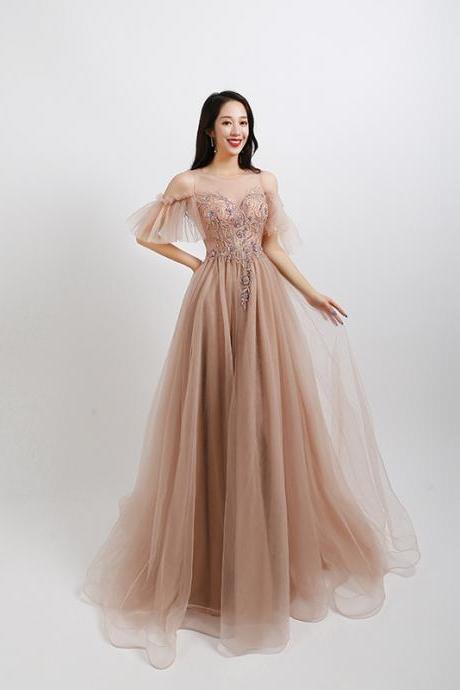 Elegant Sand Brown Sexy Sheer Prom Dresses Long Beaded Women Evening Formal Dress for Party Gowns 