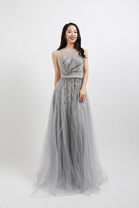 Long Silver Beaded Prom Dresses Pageant Women Evening Formal Dress for Party Gowns 