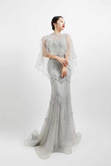 Long Silver Beaded Prom Dresses with Cape Sexy Mermaid Formal Lady Dress for Evening Party Gowns Dress