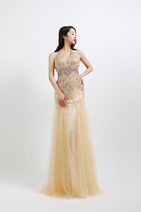 Elegant Champagne Beaded Prom Dresses Sexy Halter Backless Luxury Crystal Pageant Party Dress for Women