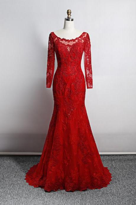 Long Mermaid Red Lace Prom Dresses with Full Sleeve Sexy Sheer Illusion Back Formal Evening Gowns